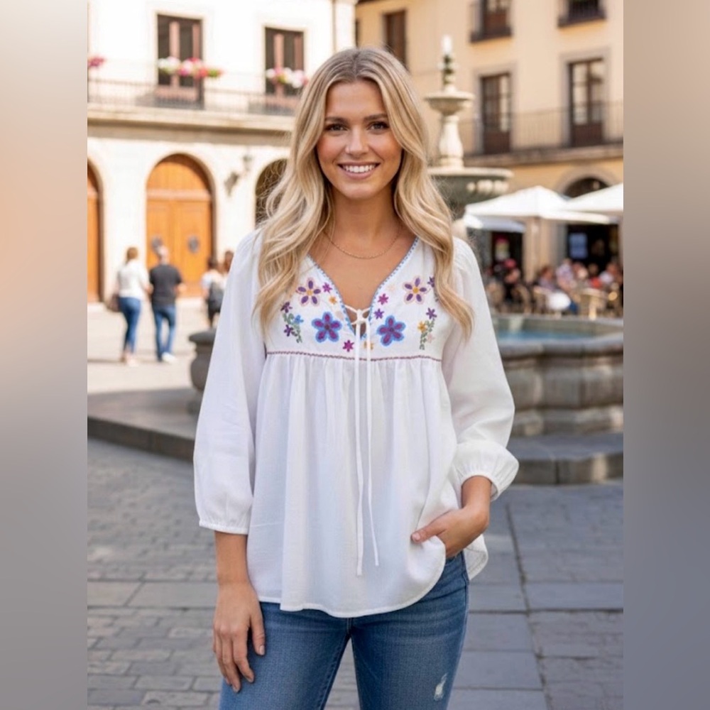 Elegant White Floral Embroidered Blouse